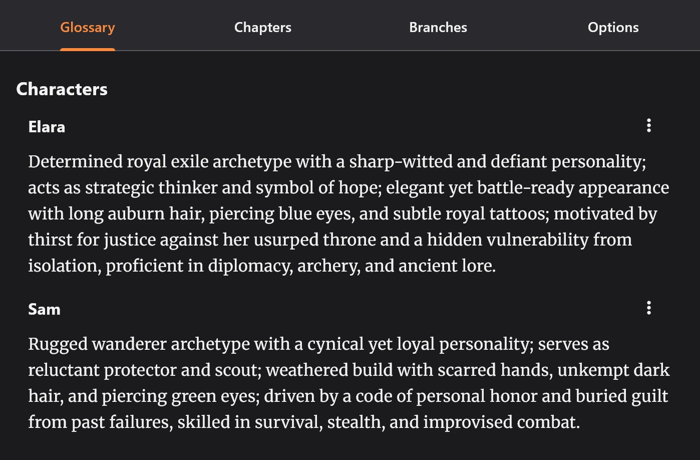 Glossary panel showing character terms for AI reference
